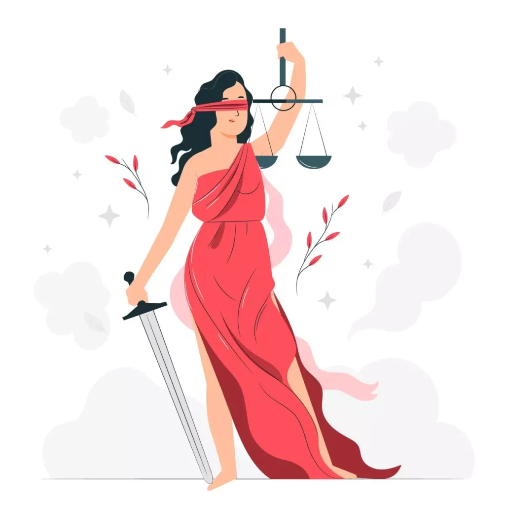 Ilustração de uma mulher com balança da justiça e espada, representando o tema de ações trabalhistas do empregado doméstico, destacando direitos e justiça.