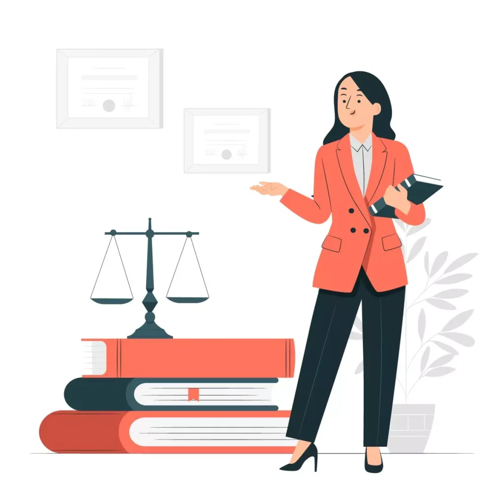 Ilustração de uma advogada especializada em ações trabalhistas de empregado doméstico, com balança da justiça e livros jurídicos ao fundo.