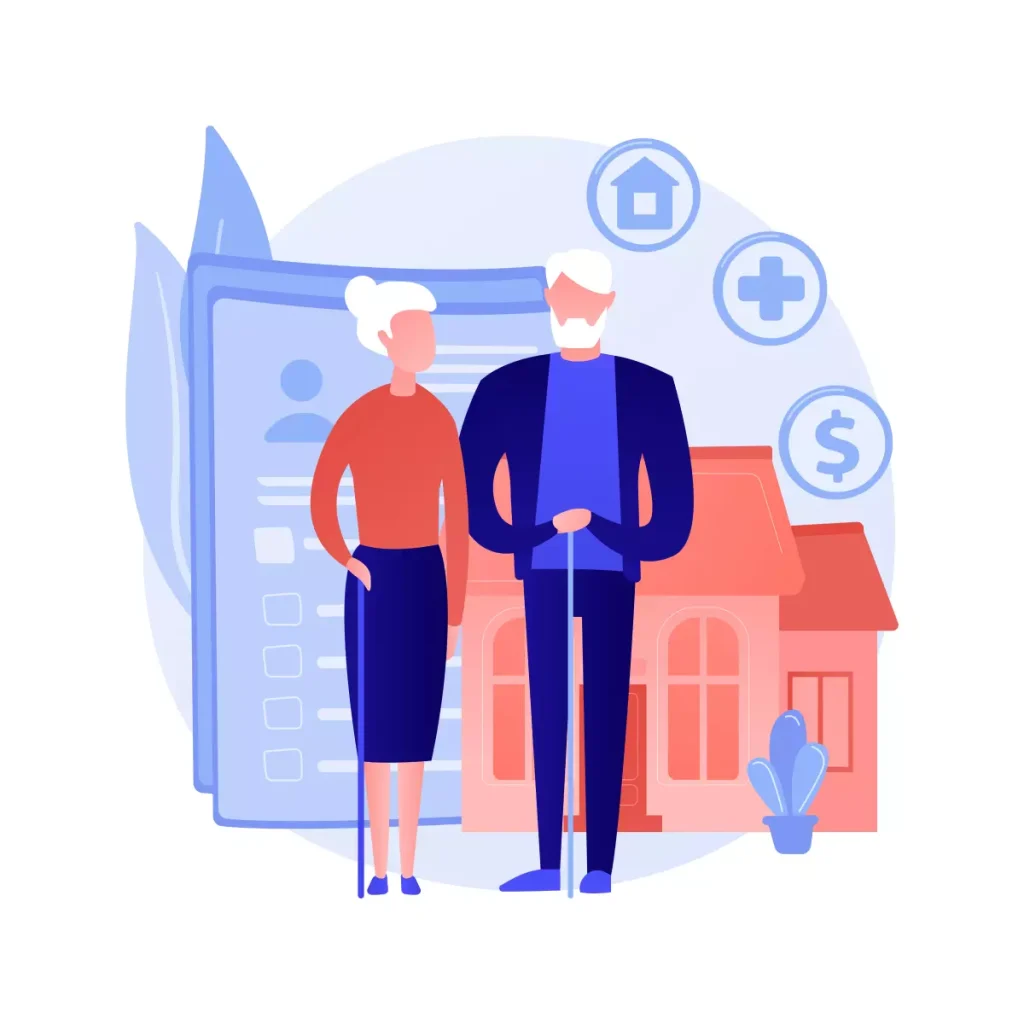 Ilustração representando a aposentadoria do empregado doméstico, com uma idosa e um idoso segurando bengalas, ao fundo uma casa e elementos de cálculos.