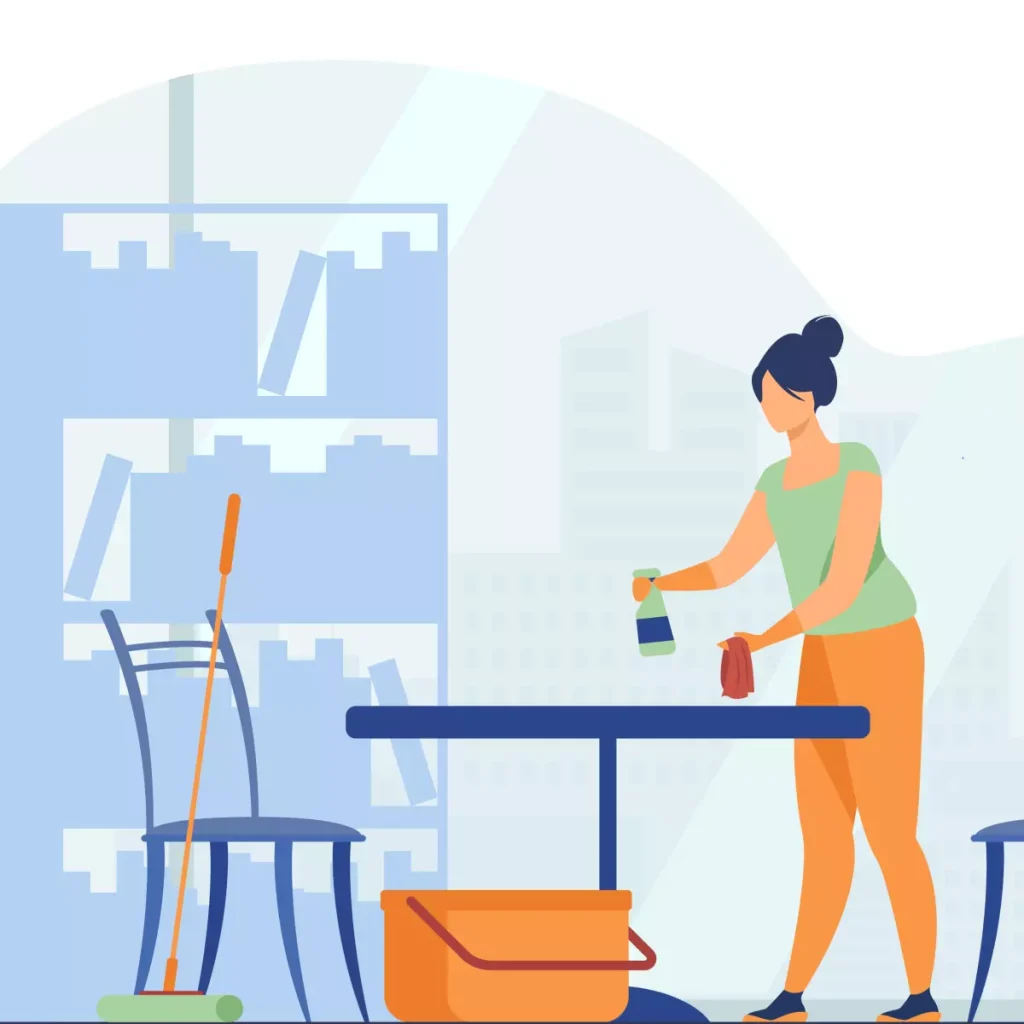 Ilustração de uma mulher realizando tarefas domésticas, limpando a mesa com pano e detergente, representando o trabalho de emprego doméstico em ambiente de casa.
