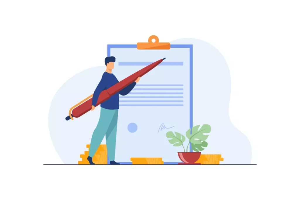 Ilustração de uma pessoa segurando uma grande caneta, ao lado de uma carteira de trabalho e moedas, simbolizando a assinatura de contrato de empregada doméstica.