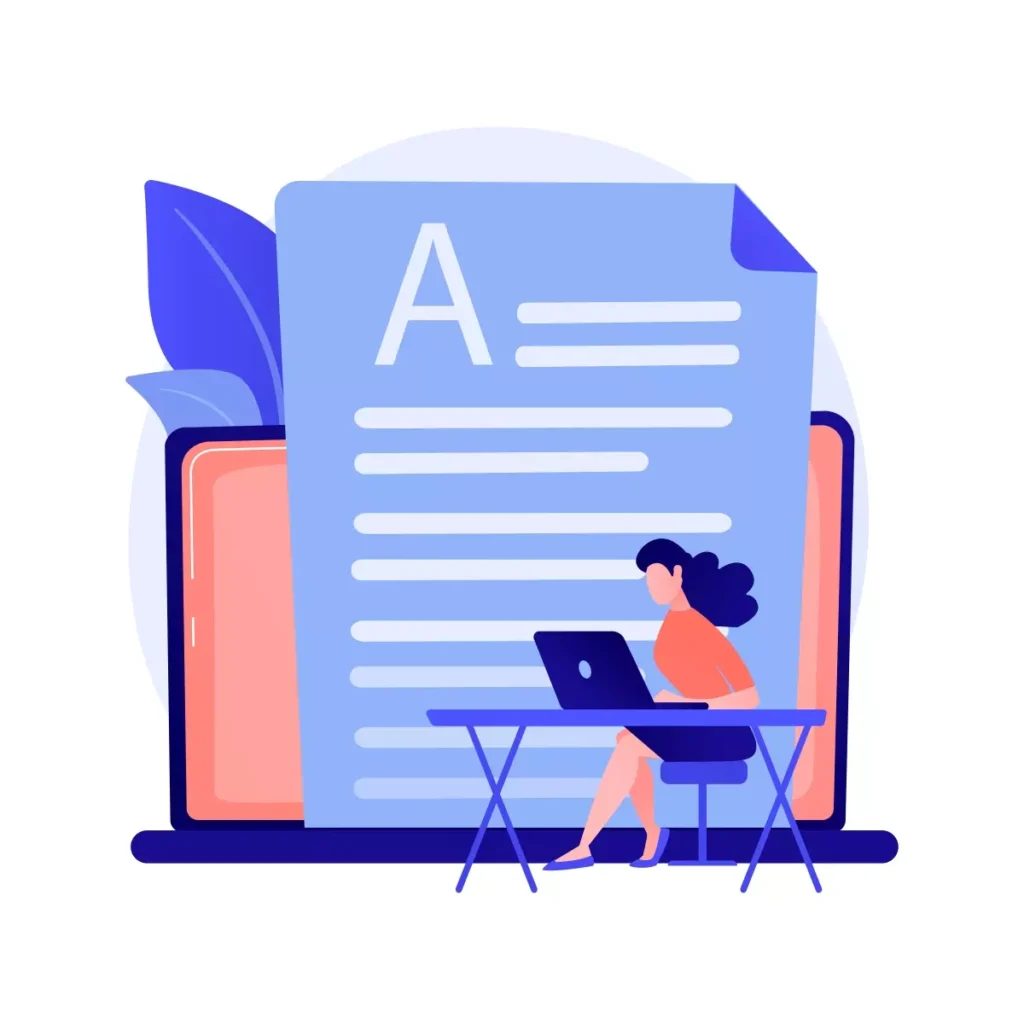 Ilustração de uma carteira de trabalho de empregado doméstico com uma mulher utilizando um laptop ao lado de um grande documento.