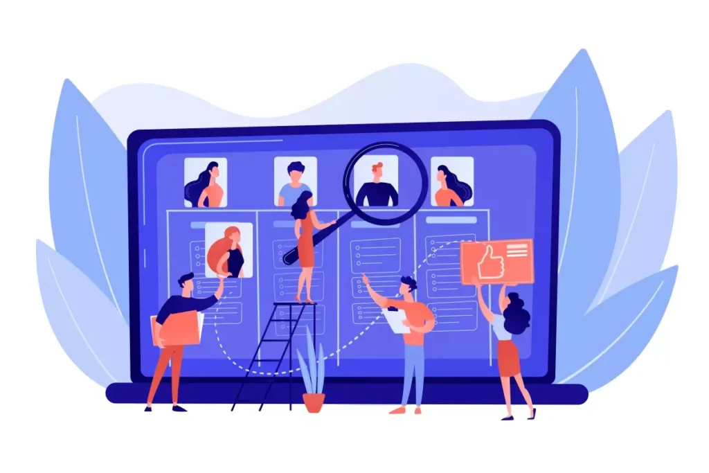 Ilustração de pessoas selecionando candidatos para contratação de empregada doméstica por meio de um sistema online, com destaque para busca e avaliação.