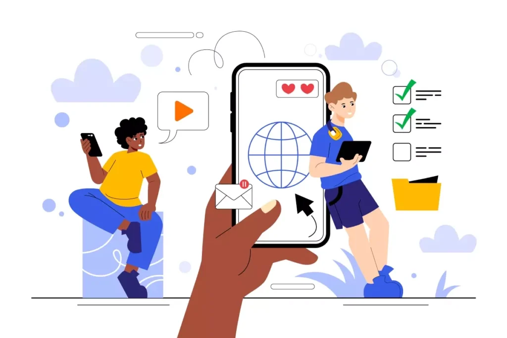 Ilustração de duas pessoas usando aplicativos para organizar a rotina, com um smartphone exibindo símbolos de globos, corações e caixas de tarefas, em um cenário colorido.