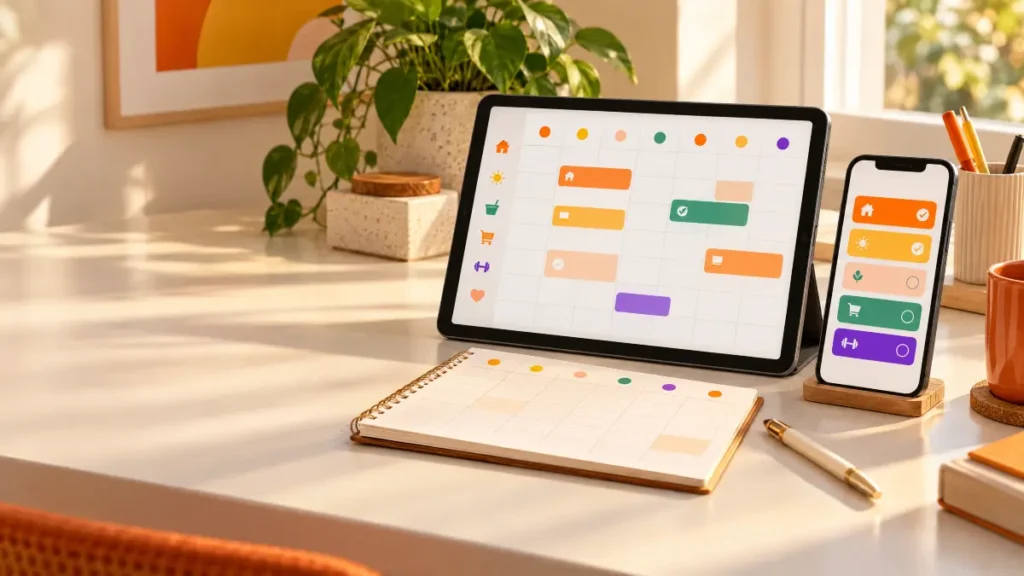 Aplicativos para organizar a rotina exibidos em um tablet e em um celular com telas de calendário, tarefas e listas coloridas sobre uma mesa com planta e materiais de escritório