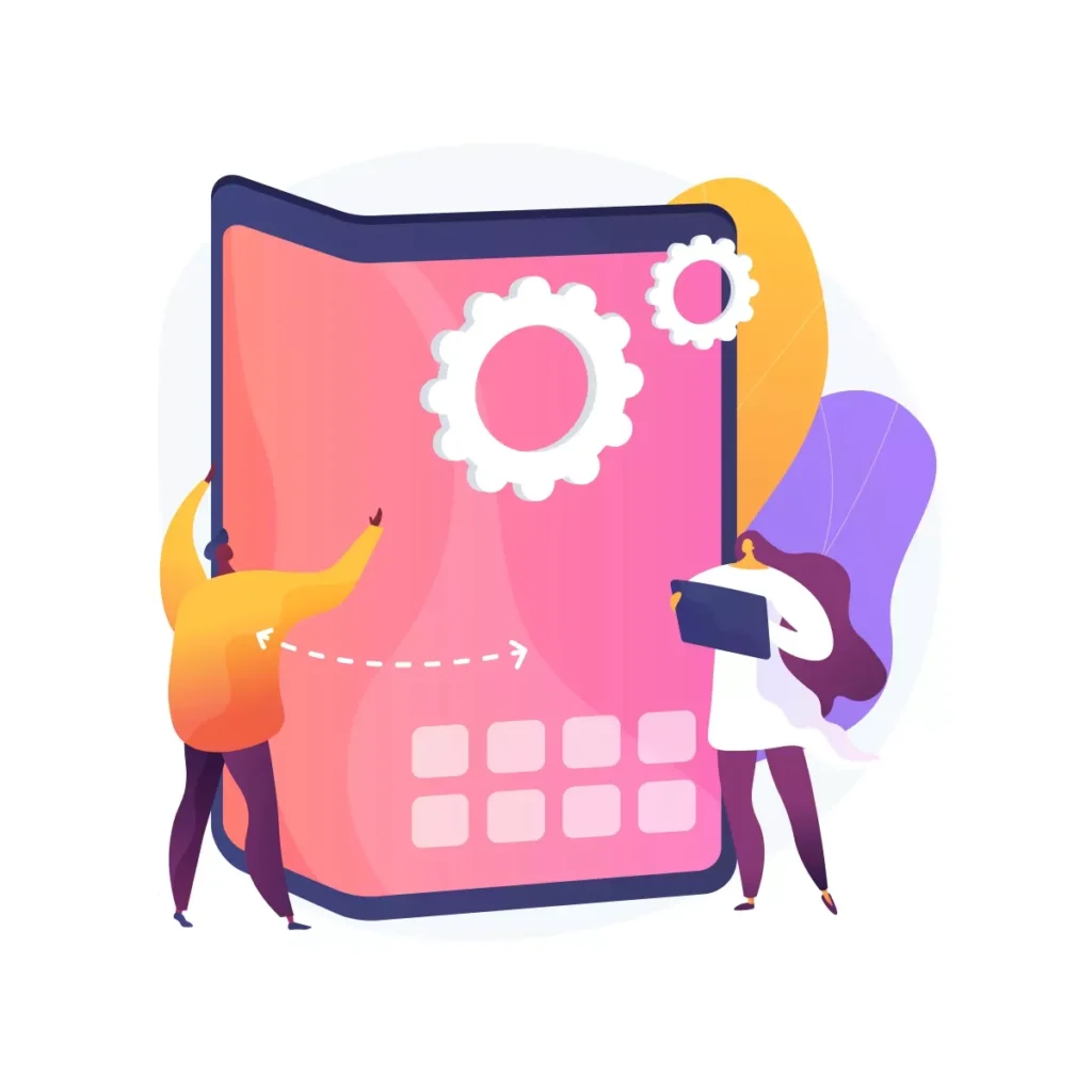 Ilustração de duas pessoas interagindo com um grande smartphone que simboliza aplicativos para organizar a rotina, com engrenagens representando configurações e gestão de tarefas.