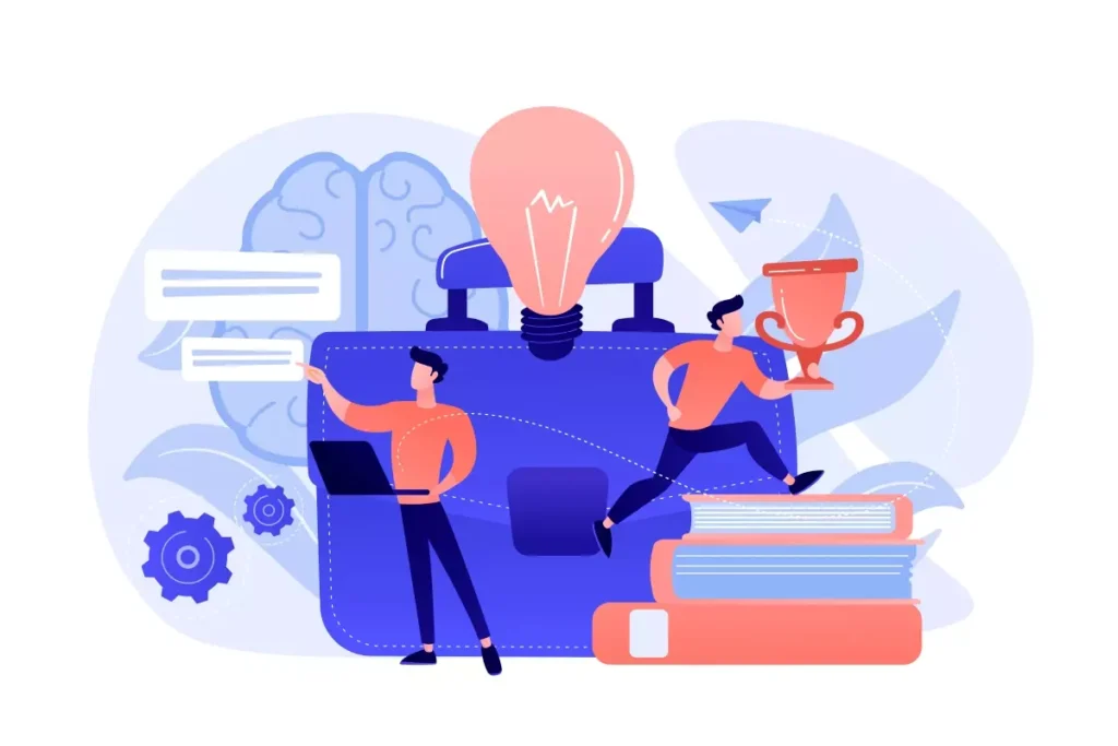 Ilustração representando os diferentes tipos de aposentadoria no INSS, com elementos como livros, uma lâmpada e pessoas estudando, simbolizando conhecimento e opções de aposentadoria.