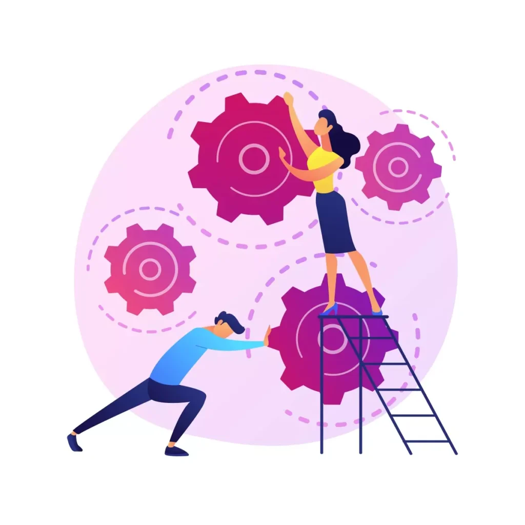 Ilustração mostrando uma mulher ajudando um homem a alcançar engrenagens, representando diferentes tipos de aposentadoria no INSS.
