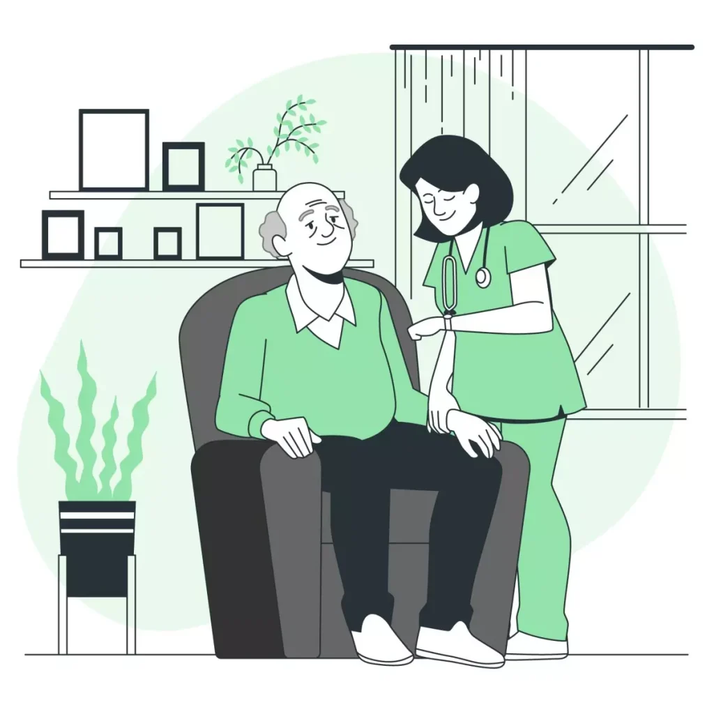 Ilustração de uma cuidadora conversando com um idoso sentado em uma poltrona, em um ambiente doméstico, destacando dicas de como contratar um cuidador de idoso.