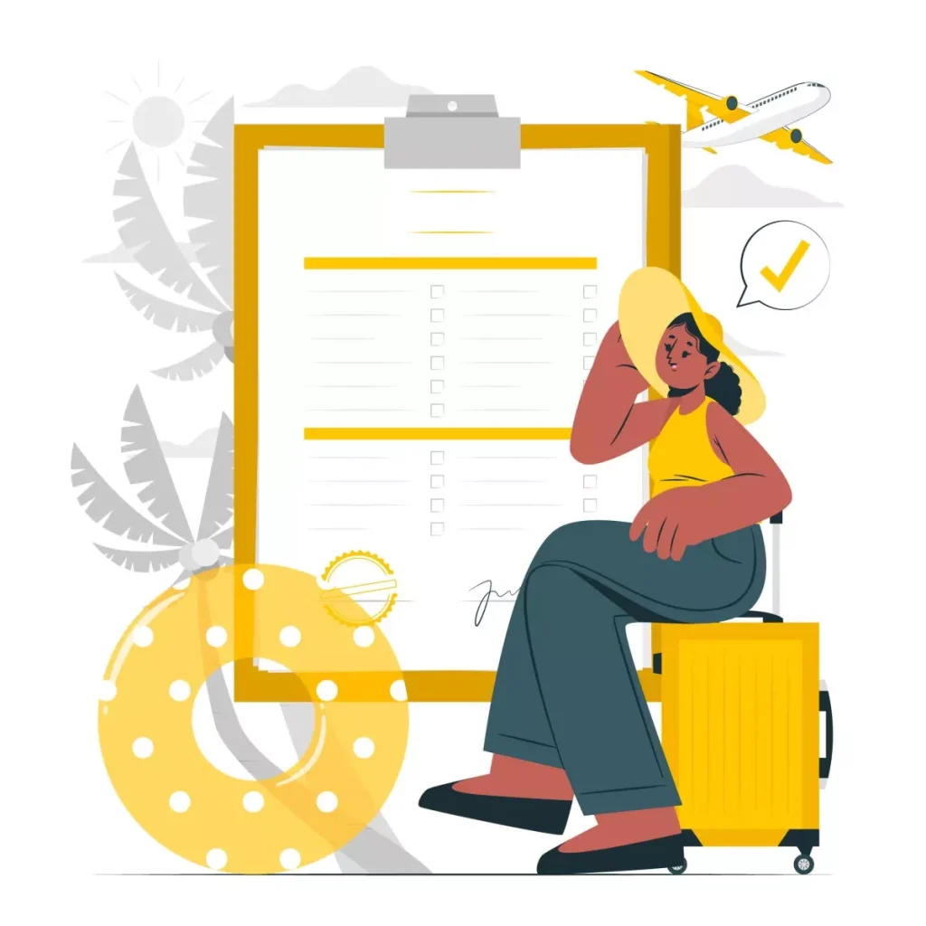 Mulher com mala, notebook e fone de ouvido, representando empregada doméstica que acompanha em viagens, planejamento de viagens para empregadas domésticas.