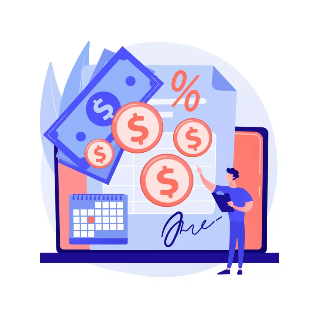 Ilustração representando o tema de férias vencidas com dinheiro, calculadora e documento, destacando preocupações financeiras relacionadas às férias acumuladas não usufruídas.