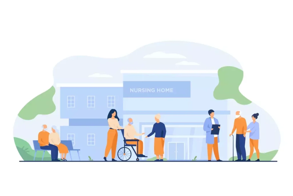 Ilustração de uma empregada doméstica cuidando de idosos em um ambiente de casa de repouso com equipe de assistência e idosos recebendo cuidados.