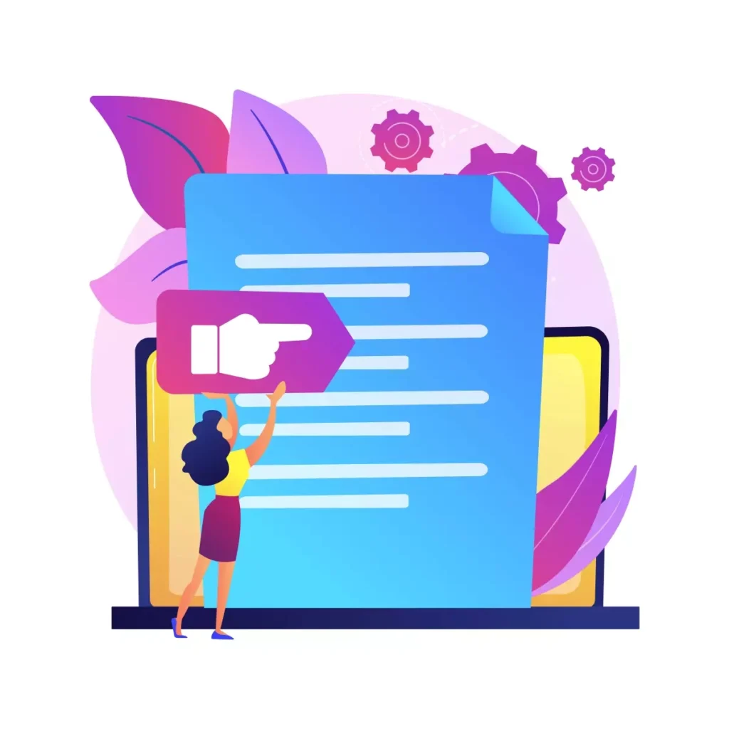 Ilustração sobre rescisão de empregada doméstica, com uma mulher apontando para uma grande tela de computador exibindo um documento importante, com elementos gráficos como engrenagens e símbolo de like, simbolizando o processo de encerramento do contrato de trabalho de uma empregada doméstica.