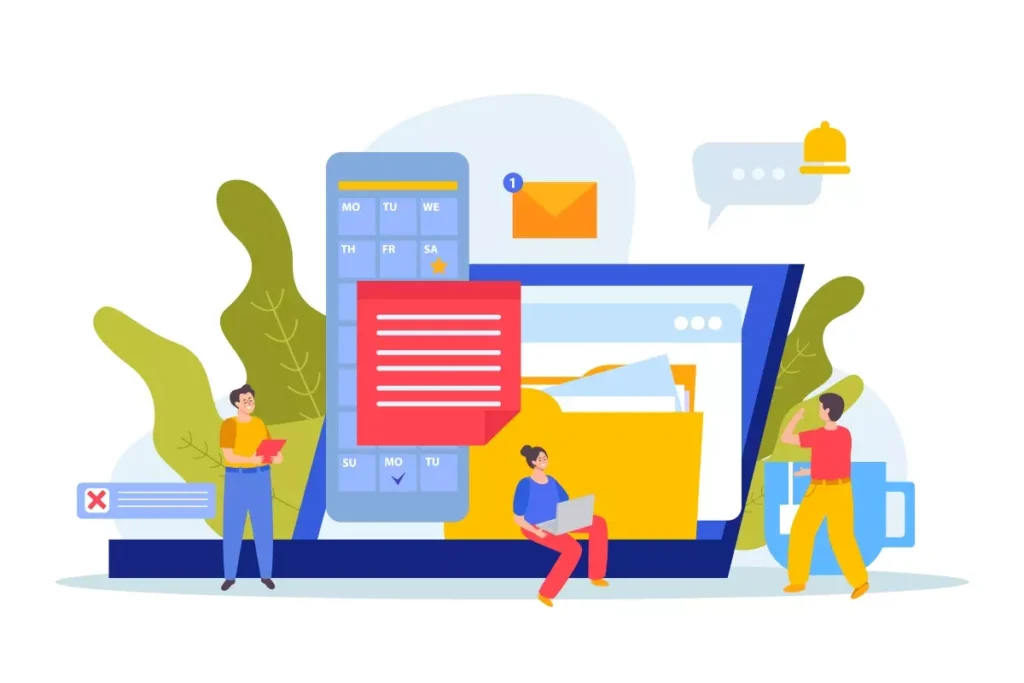 Ilustração de pessoas interagindo com dispositivos digitais relacionados à carteira de trabalho digital, destacando a praticidade do acesso online.