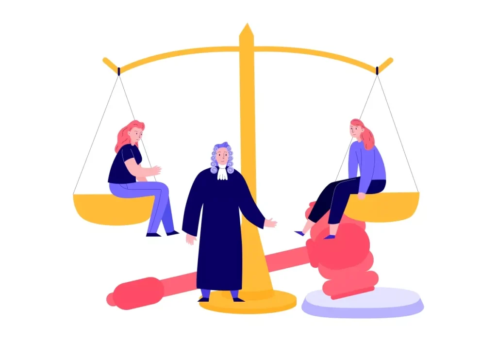Ilustração representando a reforma trabalhista e o emprego doméstico, com uma balança que simboliza a justiça e o equilíbrio nas relações de trabalho, destacando a importância da legislação atual para os funcionários domésticos e empregadores.