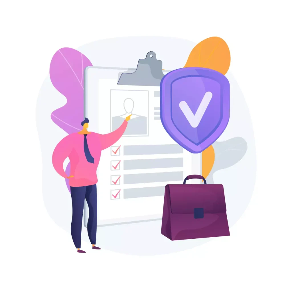 Ilustração representando benefícios previdenciários da empregada doméstica, com documento, escudo de proteção e elementos relacionados.