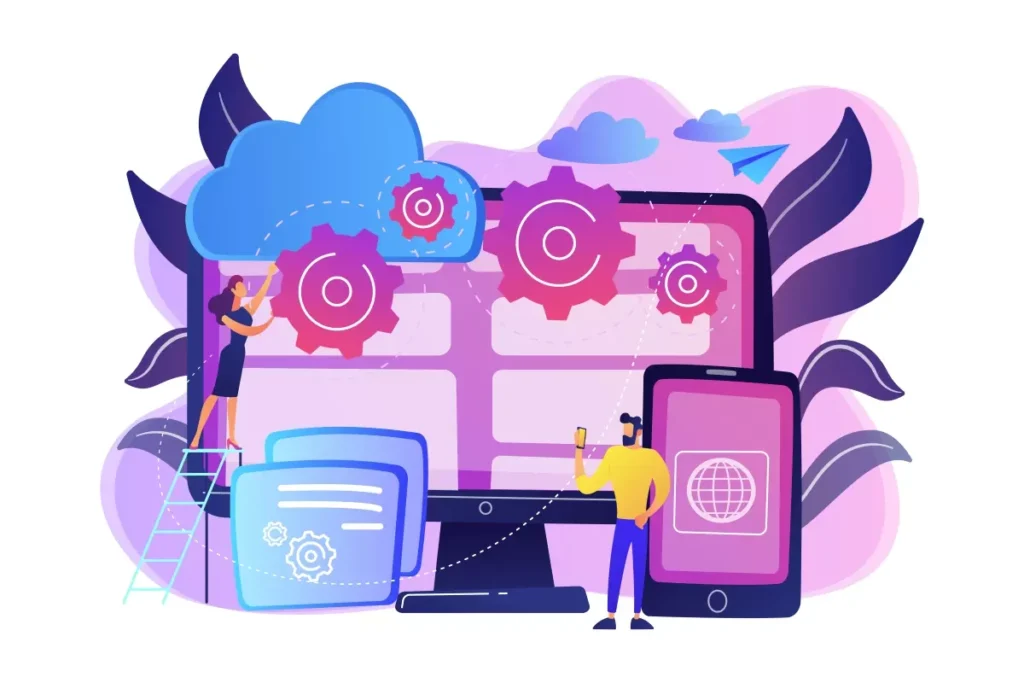 Ilustração de tecnologia doméstica simples com computador, smartphone e nuvens, representando automação residencial de forma prática e acessível.