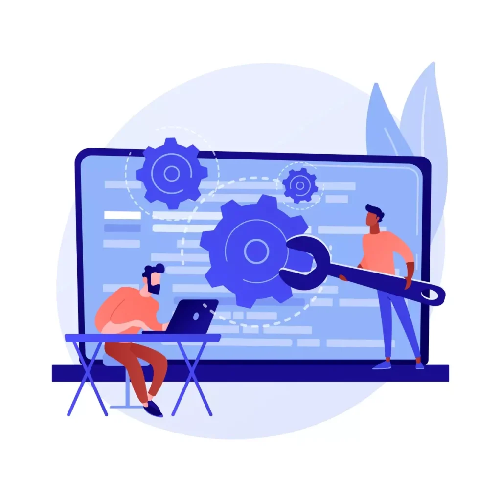 Ilustração de dois homens trabalhando com tecnologia e engrenagens, simbolizando manutenção ou configuração de sistemas simples domésticos.