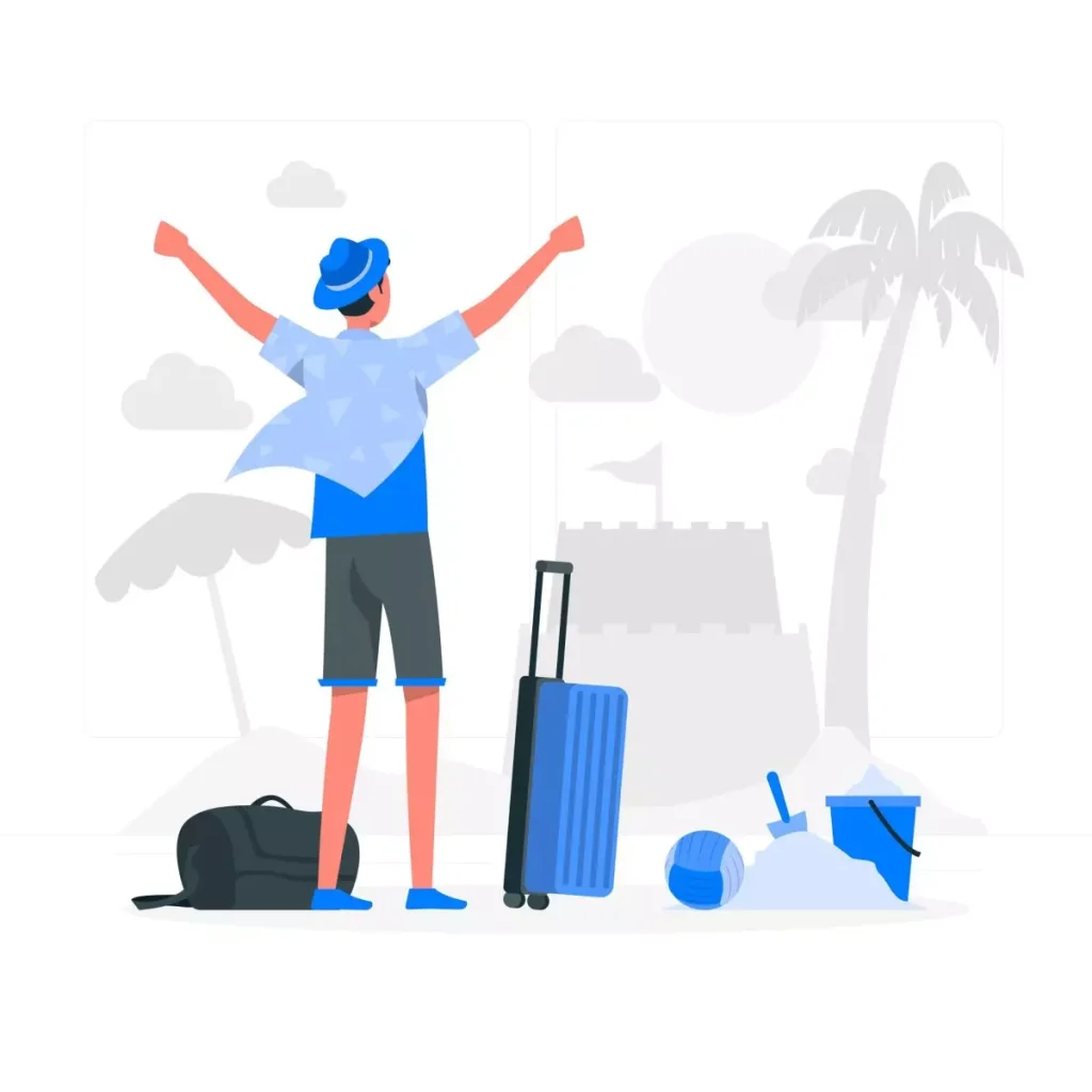 Ilustração de pessoa garantindo a organização das férias do empregado doméstico, com malas, roupas e documentos, no ambiente de férias e descanso.