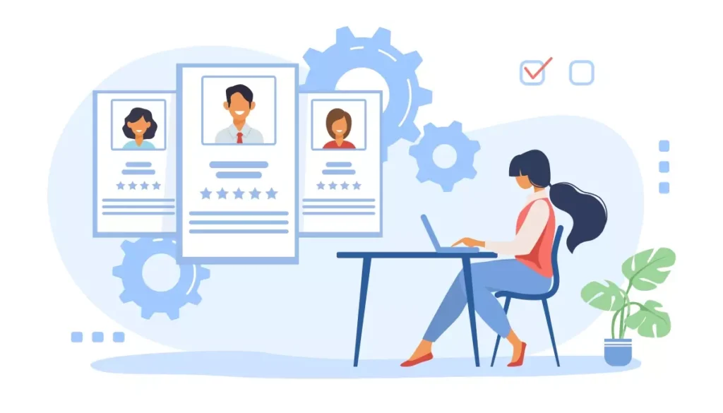 Ilustração de uma pessoa realizando processo de contratação de um empregado doméstico, com perfis de candidatos na tela do computador, elementos de gears representando processos e uma planta ao lado, destacando o tema 'como contratar um empregado doméstico' para otimização SEO.