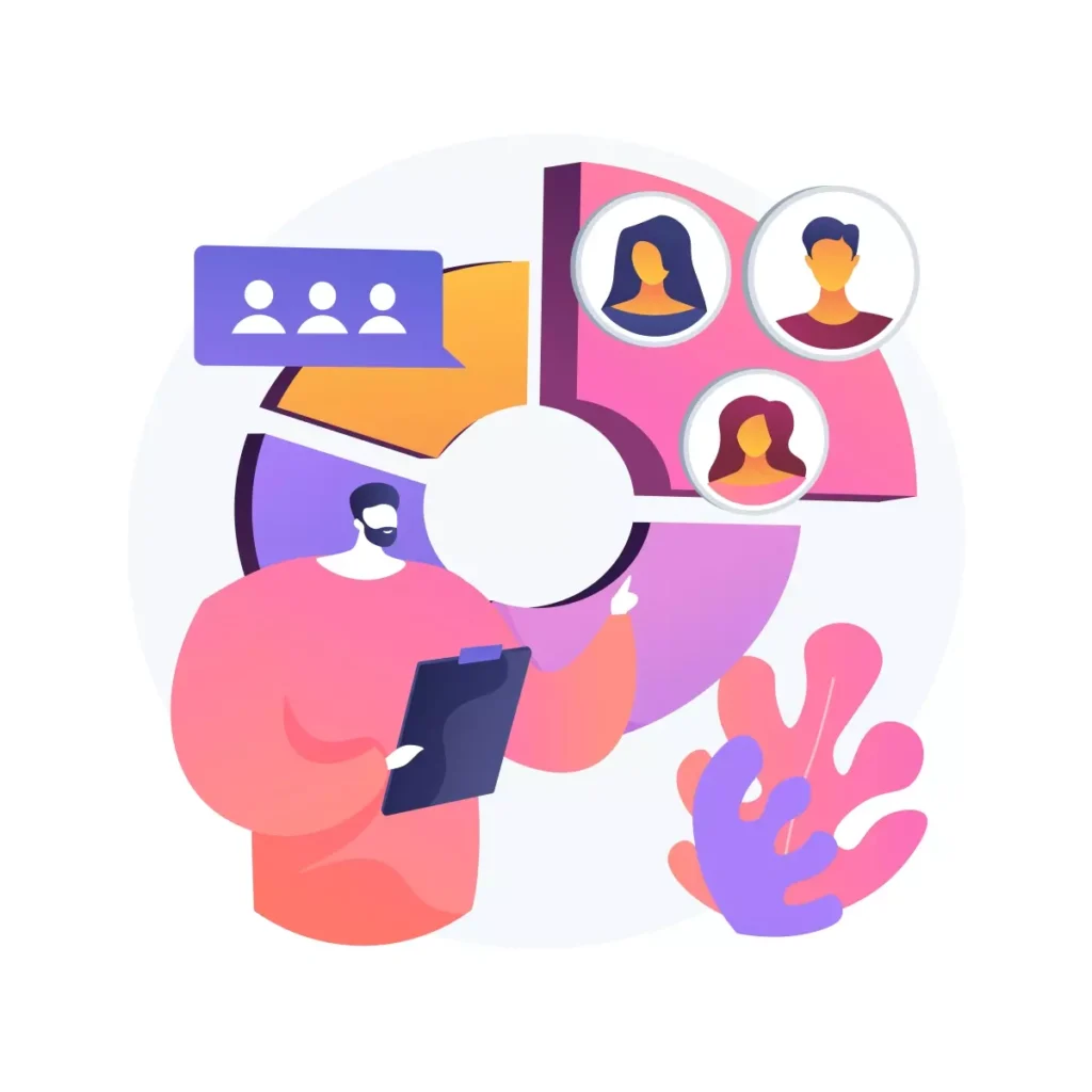Ilustração de uma pessoa realizando processo de contratação de um empregado doméstico, com perfis de candidatos na tela do computador, elementos de gears representando processos e uma planta ao lado, destacando o tema 'como contratar um empregado doméstico' para otimização SEO.