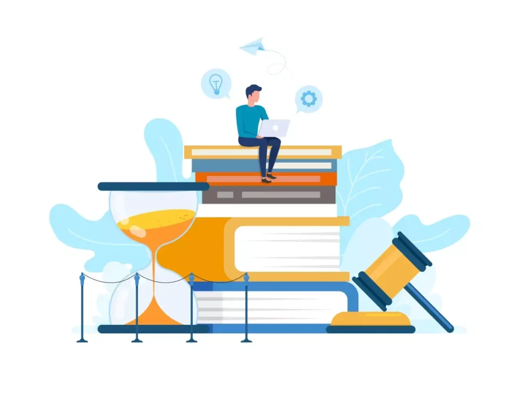 Ilustração explicando os direitos da empregada doméstica, com livros, balança da justiça, martelo do juiz e uma pessoa estudando, simbolizando conhecimento sobre leis trabalhistas.