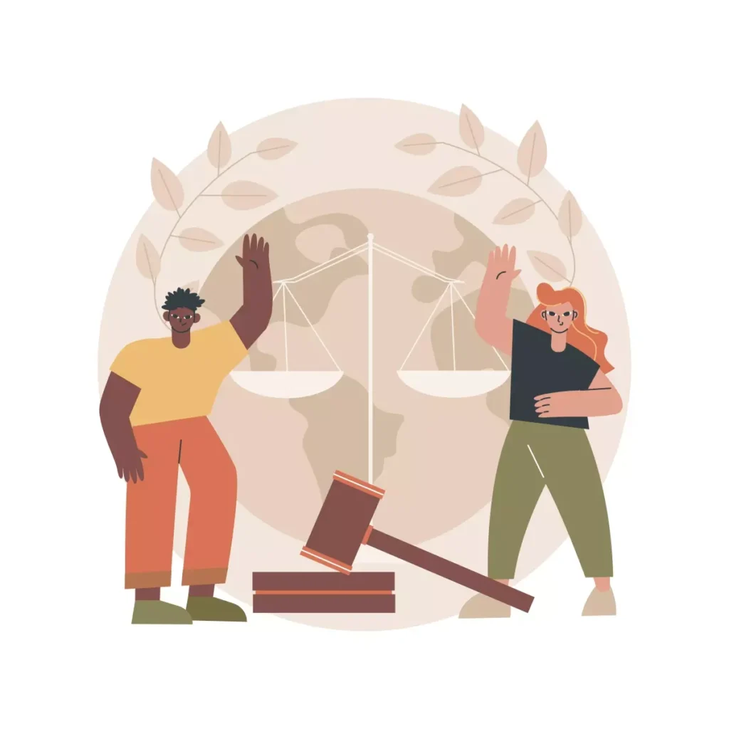 Ilustração destacando os direitos da empregada doméstica, com uma balança de justiça e pessoas ao redor, simbolizando igualdade e direito ao trabalho digno.