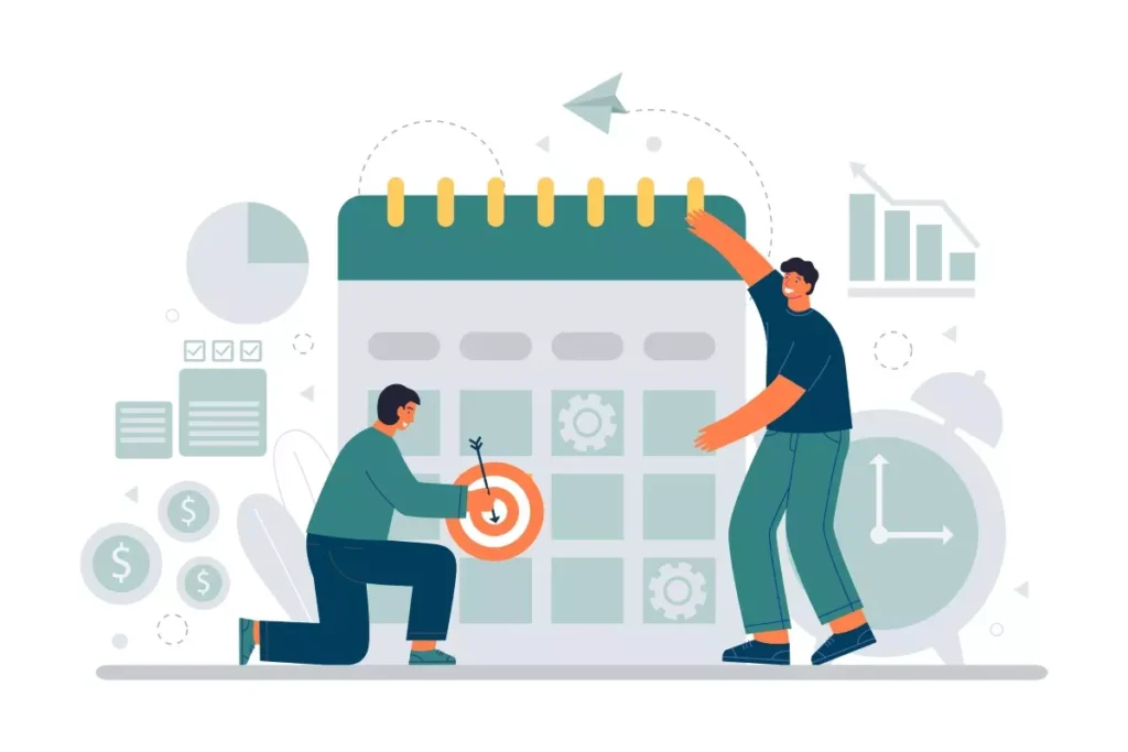 Ilustração destacando o abono pecuniário do empregado doméstico, com calendário, metas, gráfico de crescimento, dinheiro e relógio, simbolizando direitos trabalhistas.
