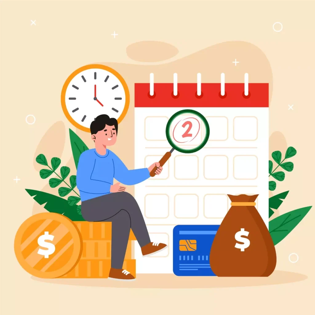 Ilustração explicativa sobre o abono pecuniário do empregado doméstico, mostrando um calendário, dinheiro, cartão de pagamento e elementos que simbolizam benefício financeiro.