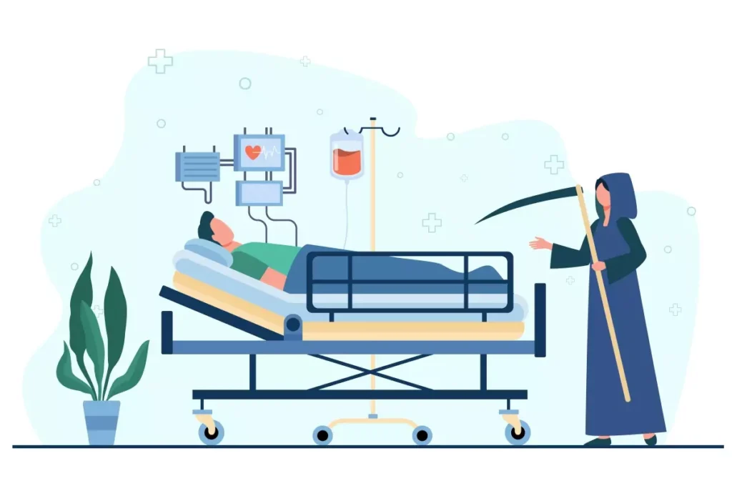 Ilustração de uma pessoa em um hospital com tubos e monitores, enquanto uma mulher com foice simboliza a morte, representando o risco de morte no emprego doméstico.