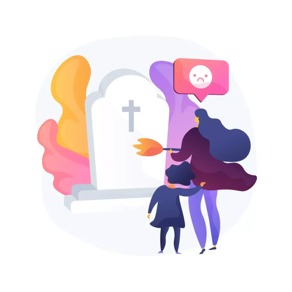 Ilustração representando a morte no emprego doméstico, com uma mulher segurando uma vela ao lado de uma tumba, enquanto uma criança observa com preocupação, refletindo sobre os riscos enfrentados por trabalhadores domésticos.