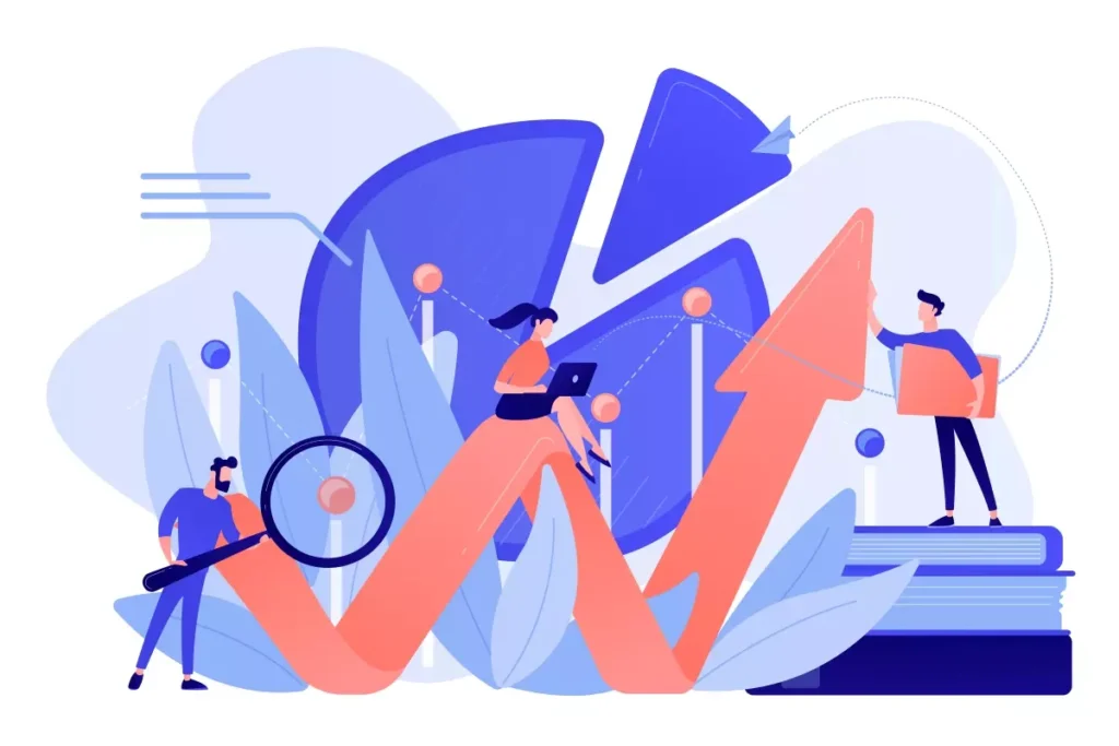 Ilustração de crescimento e análise no setor de terceirização no emprego doméstico, com pessoas interagindo com gráficos e dados em movimento.