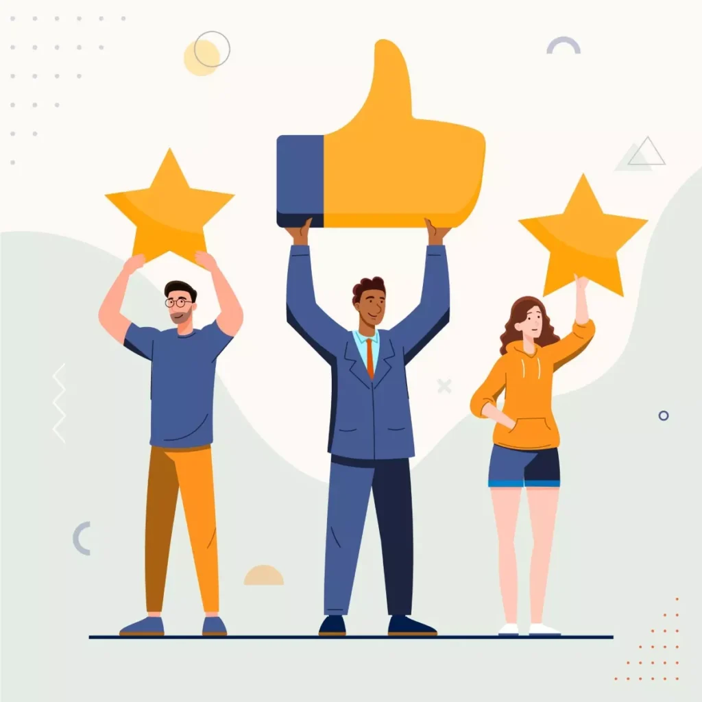 Ilustração de pessoas celebrando a terceirização no emprego doméstico, com destaque para um homem segurando um ícone de polegar para cima e estrelas na mão.