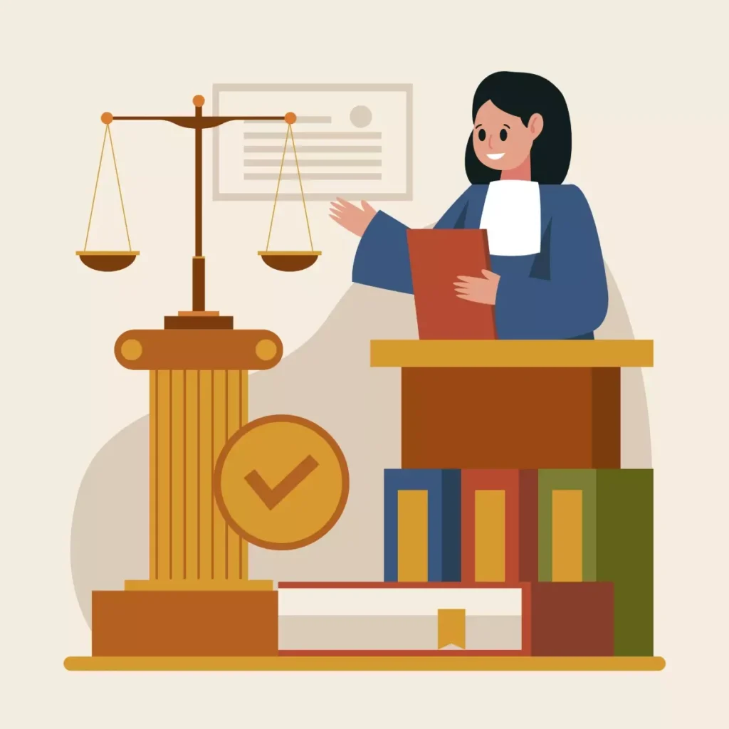 Ilustração de uma advogada explicando direitos na demissão sem justa causa de empregada doméstica, com balança da justiça ao lado e livros jurídicos em um ambiente profissional.