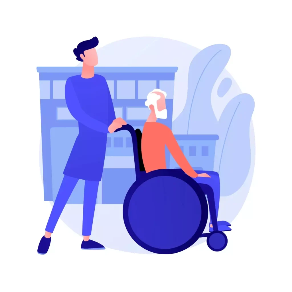 Ilustração de cuidador auxiliando idosa em cadeira de rodas, destacando direitos trabalhistas do cuidador de idoso
