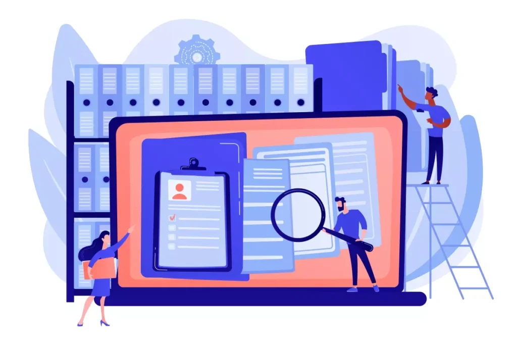 Ilustração representando o processo de registro de férias na Carteira de Trabalho, com documentos, computador, e funcionários analisando e organizando dados.
