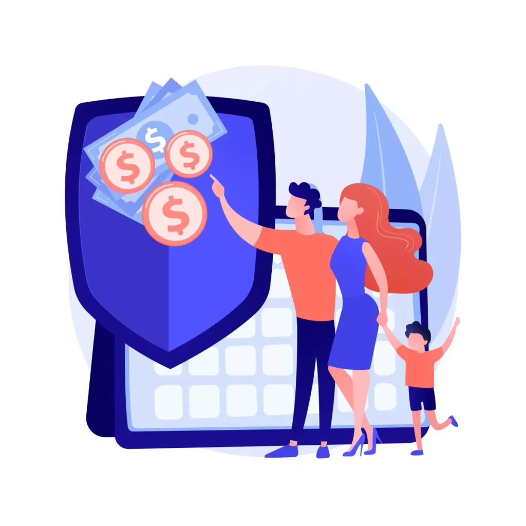 Ilustração representando o recolhimento do FGTS para empregadas domésticas, destacando mulheres, um filho e elementos financeiros como dinheiro e moedas.