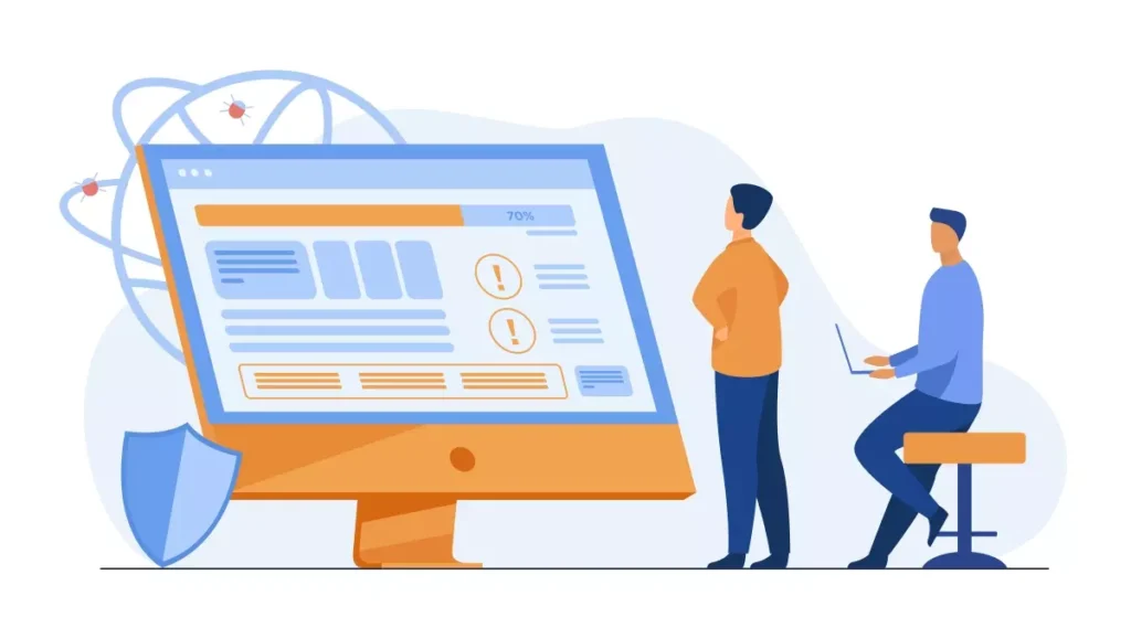 Ilustração digital mostrando ações de registro do afastamento do empregado no eSocial doméstico, com duas pessoas verificando informações no computador.