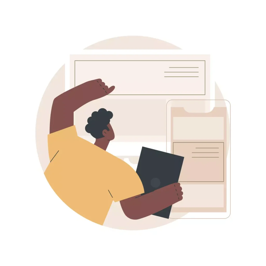 Ilustração de uma pessoa realizando o registro de afastamento do empregado no eSocial doméstico, usando dispositivos eletrônicos e documentos.