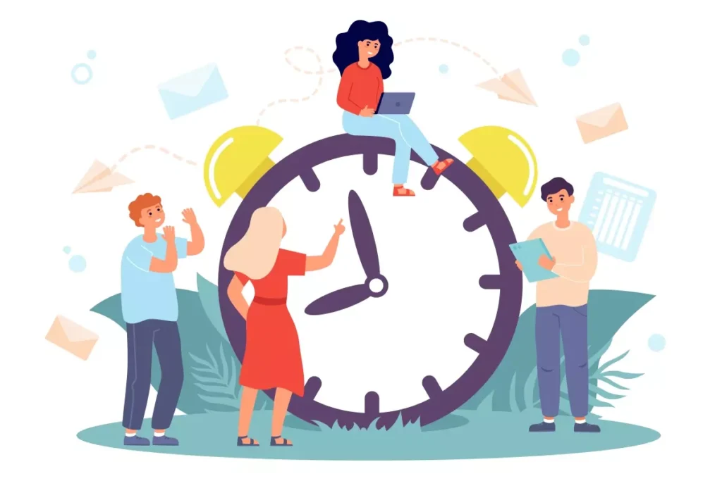 Ilustração sobre salário na jornada parcial da empregada doméstica, mostrando uma mulher sentada em um grande relógio enquanto conversa com outras pessoas, representando flexibilidade e negociação salarial.