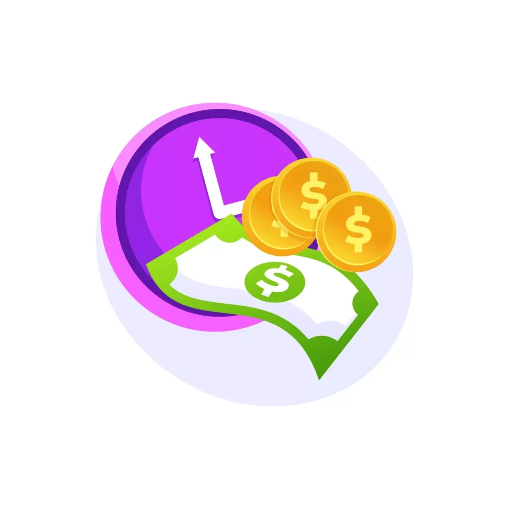 Imagem ilustrativa sobre salário na jornada parcial da empregada doméstica, mostrando moedas de ouro e papel com símbolo de dólar, além de um relógio indicando o tempo de trabalho.