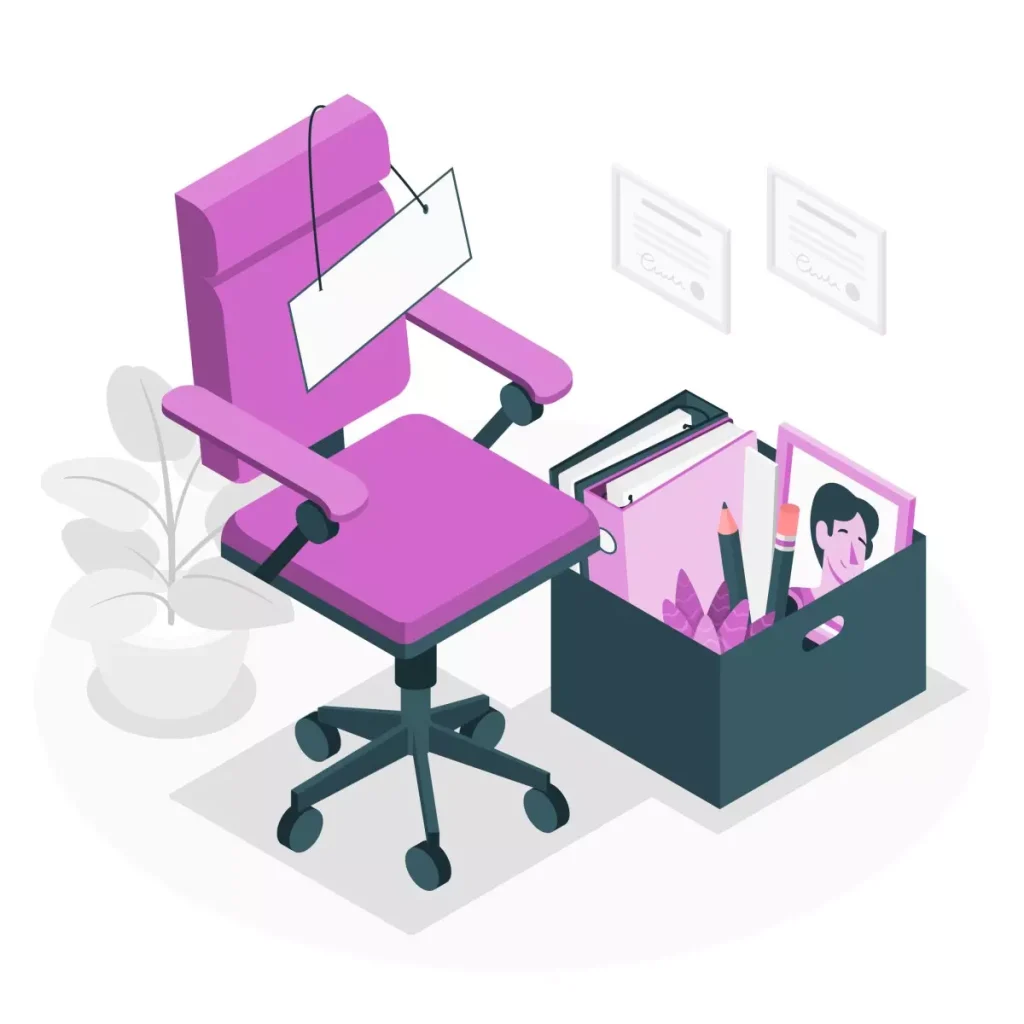 Ilustração de uma cadeira de escritório rosa ao lado de uma caixa com documentos e fotos, simbolizando questões relacionadas a faltas injustificadas da empregada doméstica.