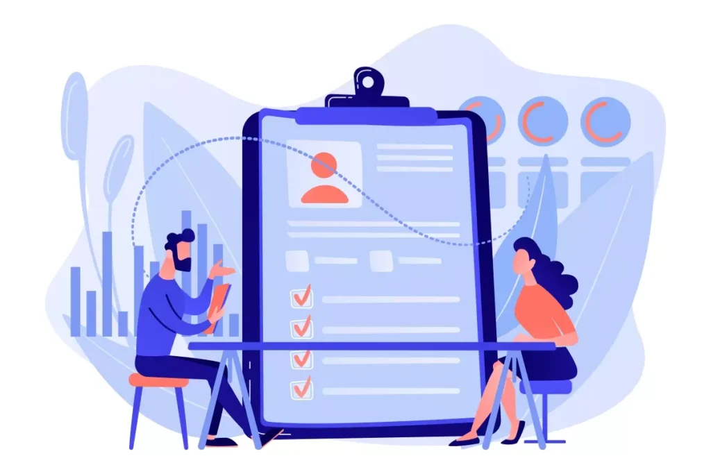 Ilustração de uma empregada doméstica e uma pessoa sentadas em uma entrevista de emprego, com amplo destaque para um grande currículo ou formulário, abordando o tema de empregada doméstica não quer ser registrada.