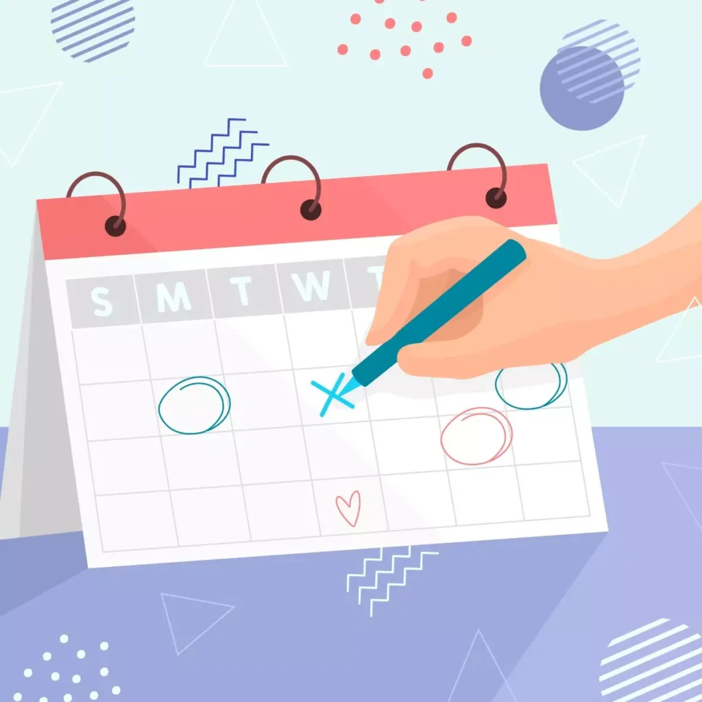 Ilustração de um calendário com marcações de dias de férias, representando o cálculo das férias proporcionais de uma empregada doméstica.
