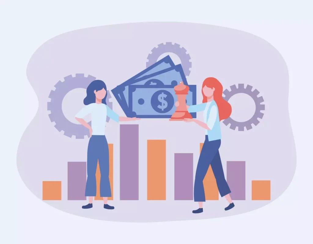 Ilustração representando o salário da empregada doméstica, com duas mulheres trocando dinheiro e uma balança, simbolizando pagamento e negociação salarial.