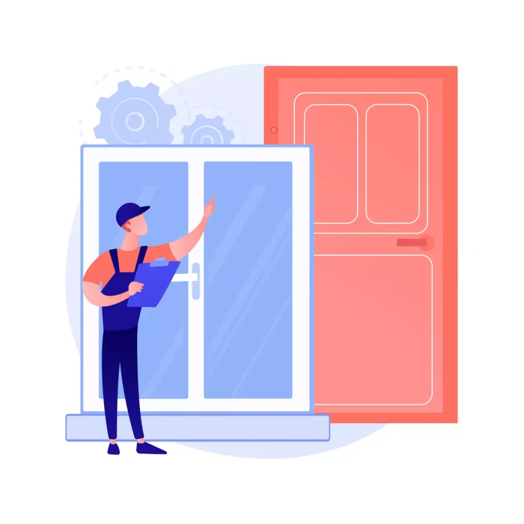 Ilustração de um profissional verificando uma porta e uma janela, ideal para quem busca contratar caseiro qualificado para cuidar da casa e manutenção