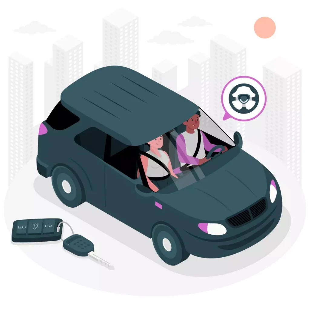 Ilustração de um serviço de motorista particular com carro moderno e três passageiros sentados confortavelmente, ideal para quem busca transporte privado e seguro