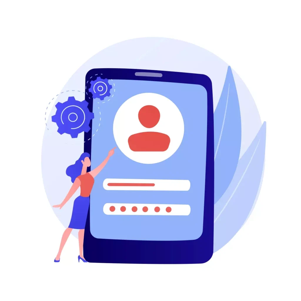 Ilustração de uma mulher apontando para um smartphone com perfil de contratação de empregada doméstica, destacando a importância de contratar uma profissional confiável.