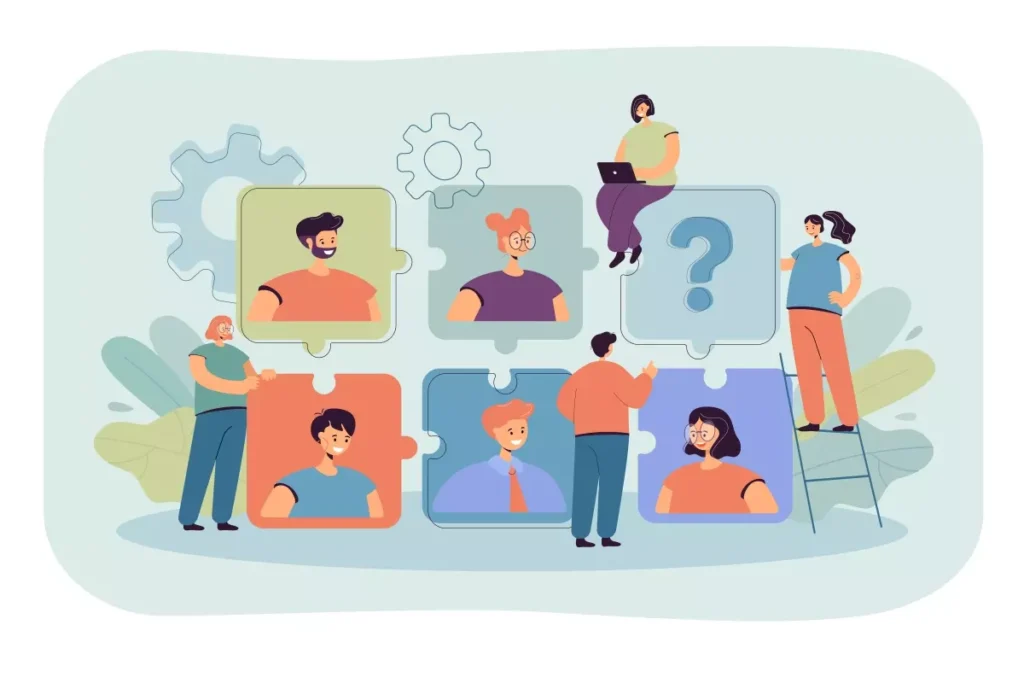 Ilustração de profissionais reunidos para contratar e registrar copeira, com elementos visuais de diálogo e organização.