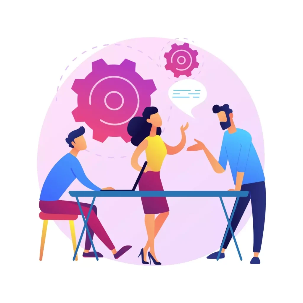 Ilustração de gestão de copeira com equipe discutindo planejamento e organização, destacando a importância da eficiência e liderança na gestão de copeira.